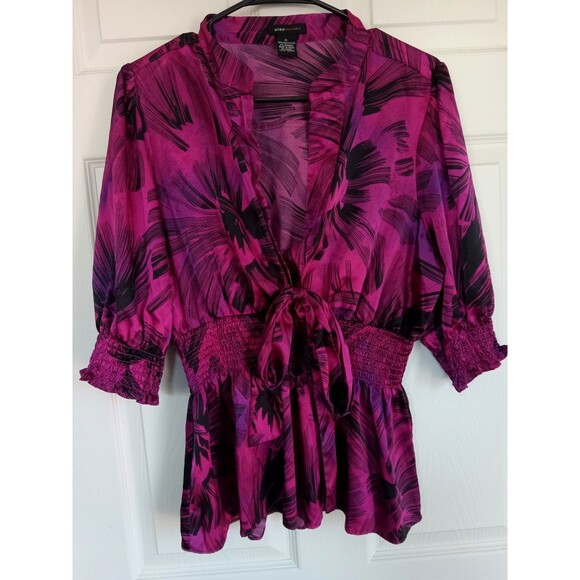 BCBGMAXAZRIA Ruched Peplum Pink & Black Women's Day to Night Top Size XL - Picture 1 of 9